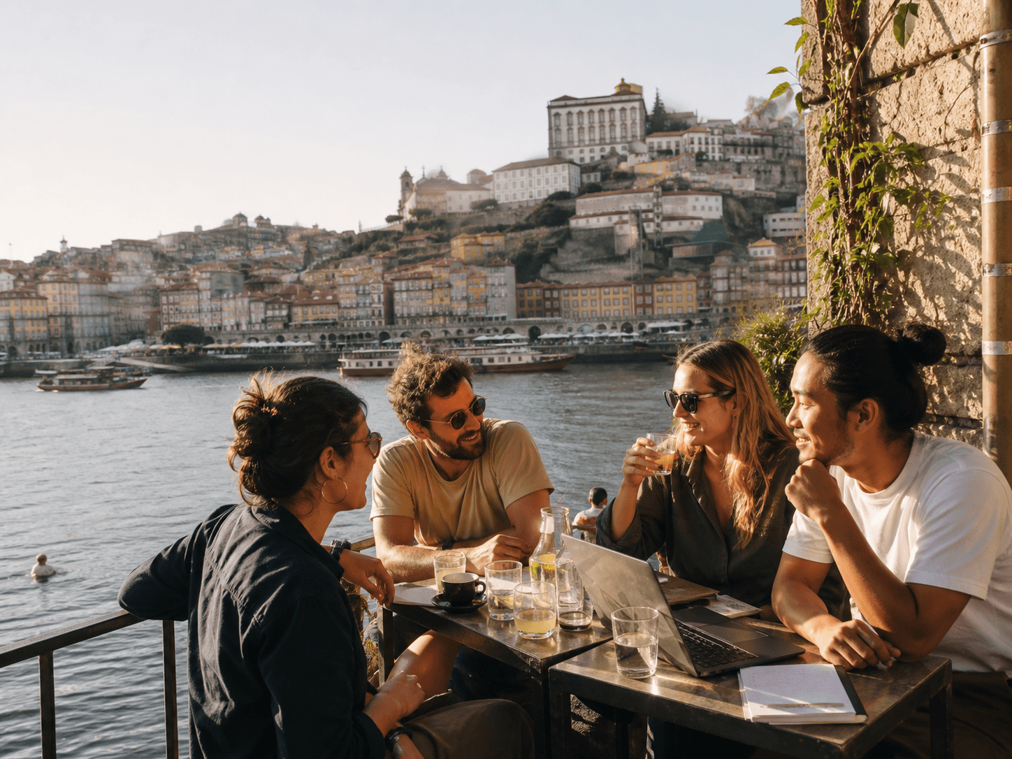 Friends working together at a café overlooking Porto