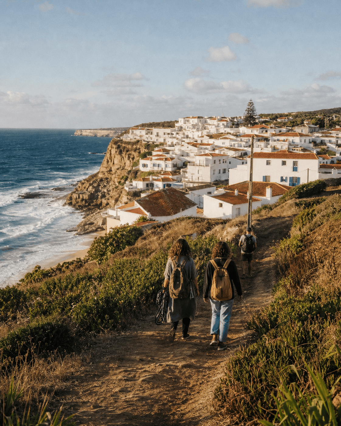 Nomads walking toward a coastal village in Portugal